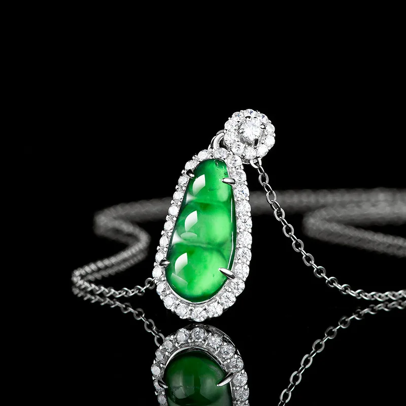 Natural a Cargo Emerald Sauteed Green Beans Stone S925 Silver Jade Pendant Women's Necklace