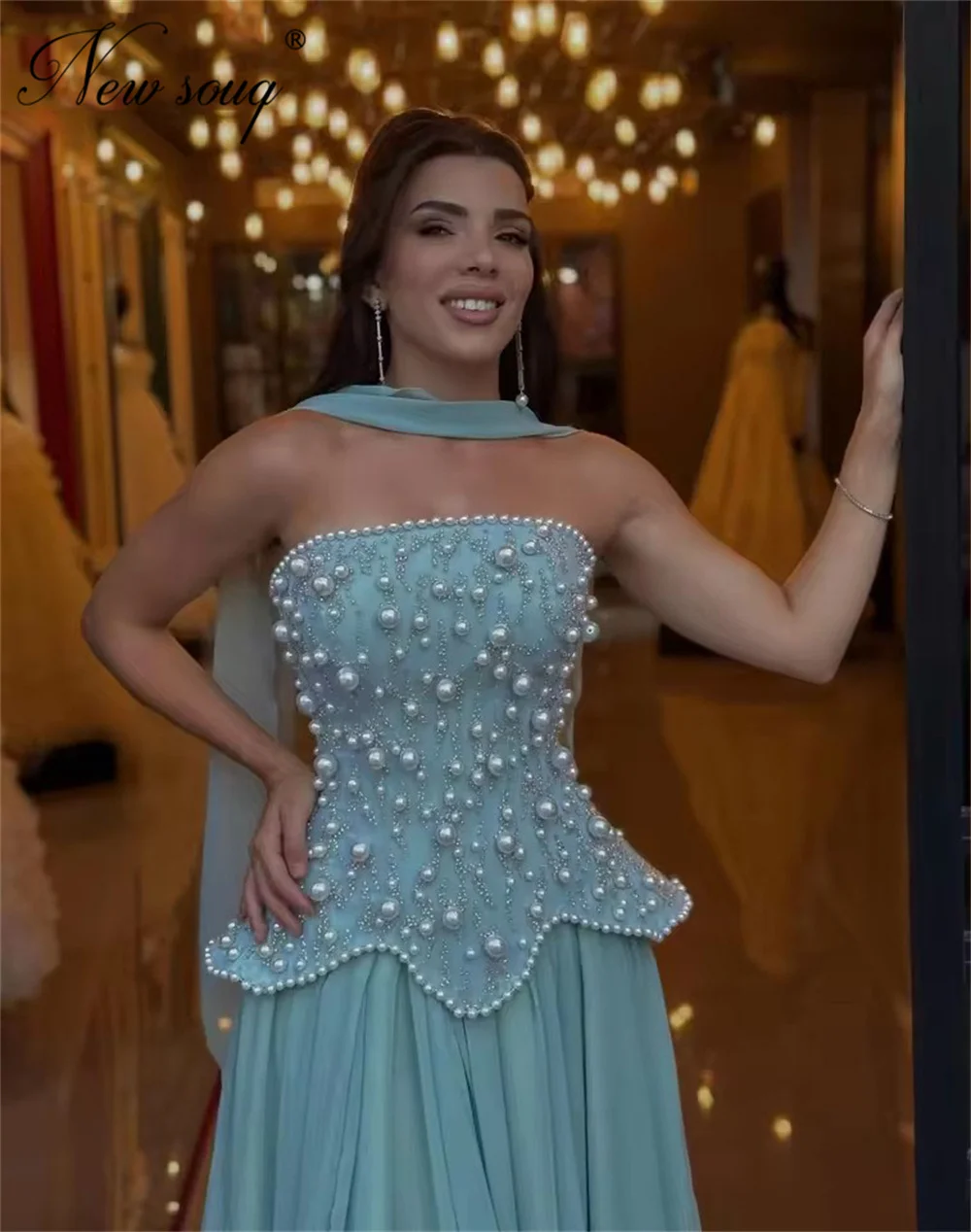فساتين سهرة عربية باللون الأزرق السماوي أنيقة بدون حمالات لؤلؤ للحفلات الراقصة من Vestidos De Noche مخصصة طويلة للنساء لحفلات الزفاف