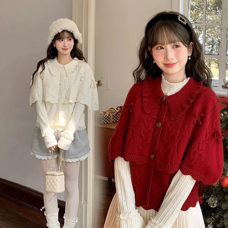 Japanese Kawaii Lolita Style Knitted Pullover Women Harajuku Bow Short Sleeve Shawl Sweater Casual Girls Sweet Y2k Knitwear Tops