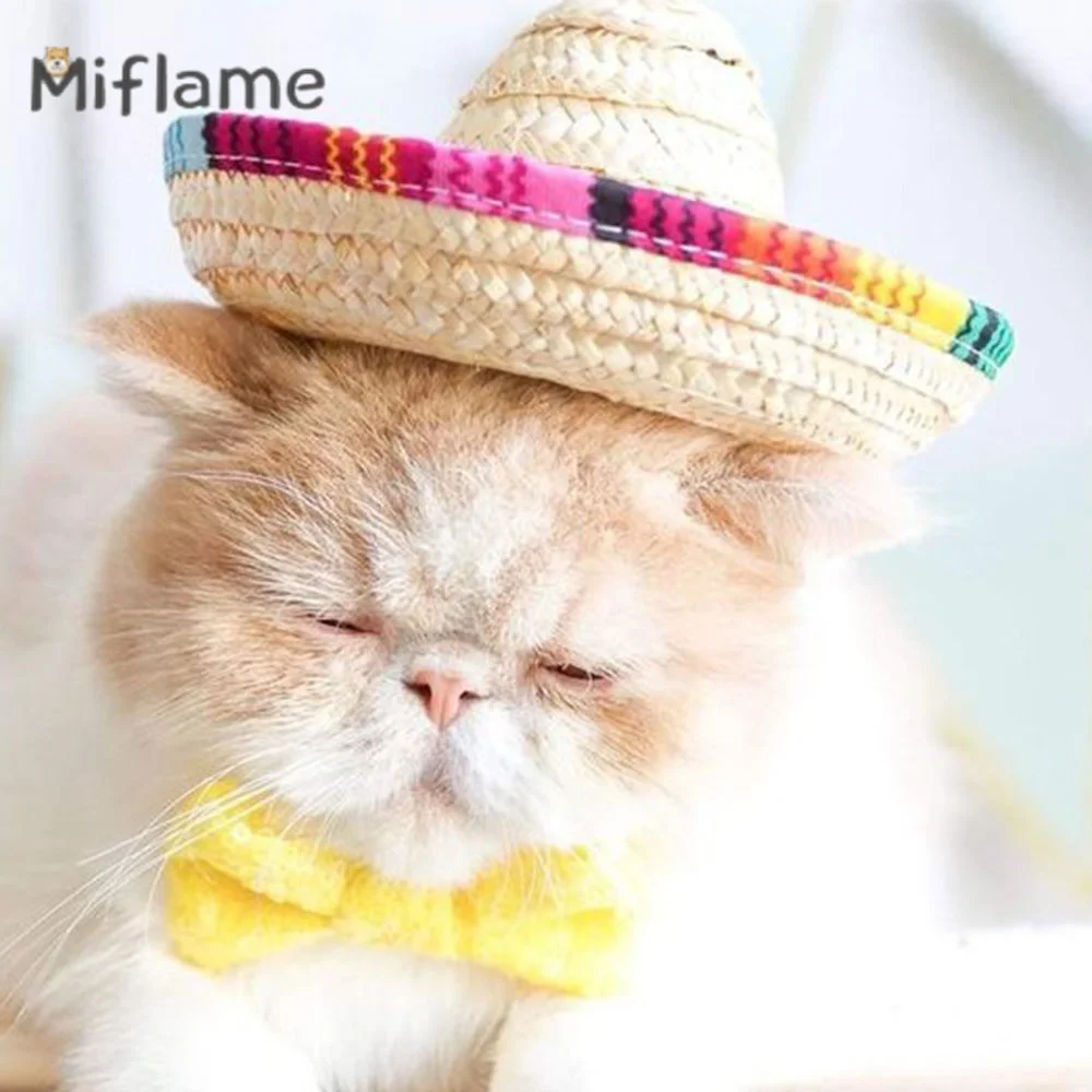 Miflame Mini Pet Hat Western Mexican Style Hat Spring Summer Sunshade Adjustable Hat Small Dog Party Decorative Hat Chihuahua