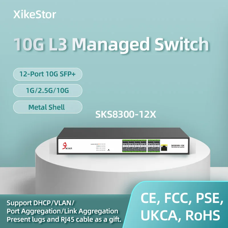 XikeStor L3 Managed 12-Port 10G SFP+ internet Ethernet Web Management Core Networking Support Dynamic Routing & DHCP