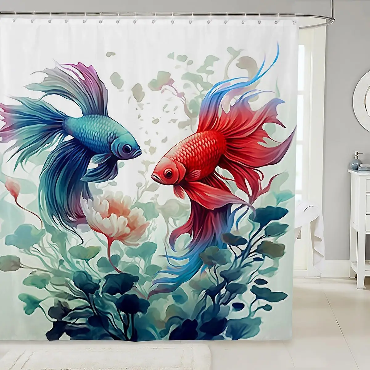 Cortina de Ducha con Diseño de Peces Koi en Acuarela, Estampado Tropical de Selva, Decoración Impermeable para Baño, Estilo Animal Marino, para el Hogar