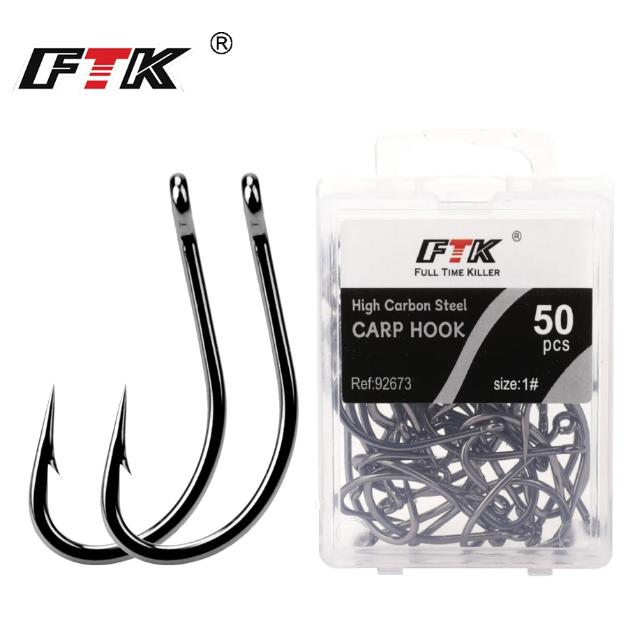 

FTK Coating High Carbon Stainless Steel Barbed hooks 50pcs Size1#-10# Carp Fishing Hooks Pack with Retail Original Box