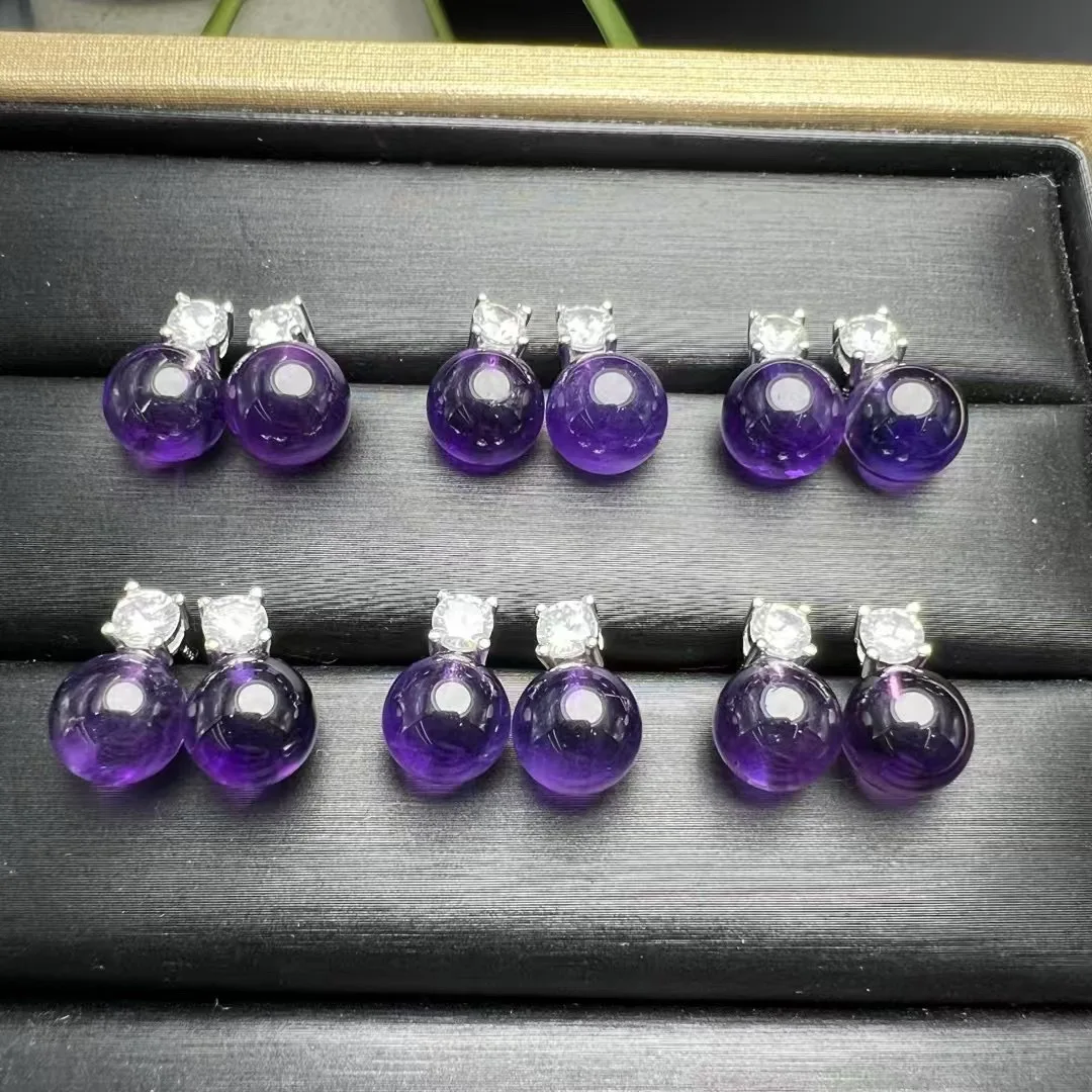 1 Pair Fengbaowu Natural Amethyst Sphere Earring 925 Sterling Silver Crystal Reiki Healing Stone Fashion Jewelry Gift For Women 2