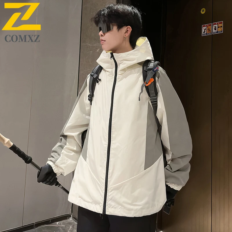 New 2-Face Jacket Men's Japanese Harajuku Loose Waterproof Windproof Hooded Coat Outdoor Travel Camping Anti-Scratch Windbreaker