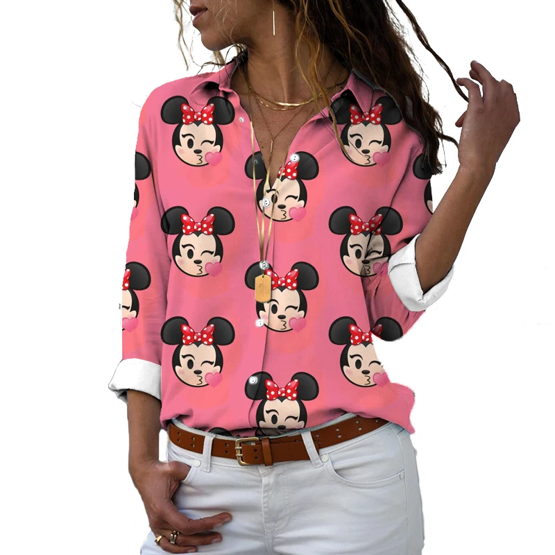 

New 2022 Disney Brand Harajuku Slim Fit 3D Print Women Button Long Sleeve Lapel Mickey Minnie Casual Cute Shirt y2k