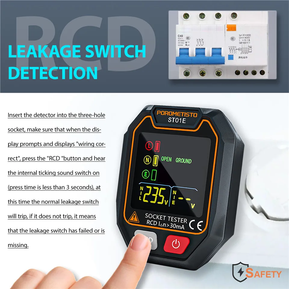 POROMETISTO ST01 Digital Socket Tester with Color Screen UK/EU/US Circuit Checker RCD Socket Detector Data Hold Polarity Tester