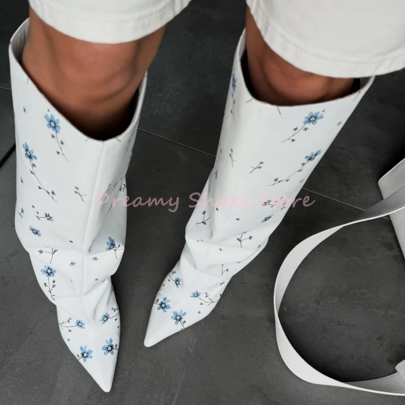 

White Blue Floral Print Pointed Toe Long Boots Women Leather Slip On Thin Heel Knee High Boots Sexy Fashion Party Shoe New Style