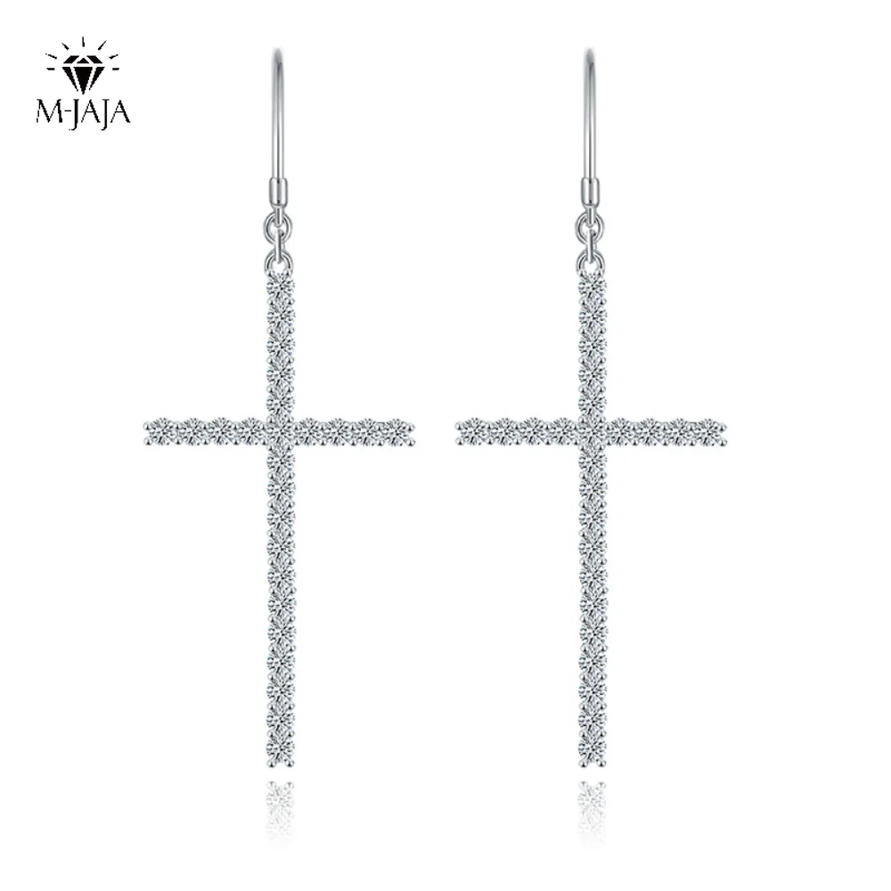 Pendientes de gota de Cruz de moissanita de 1,25 CT para hombre y mujer, aretes religiosos originales de Plata de Ley 925, pendientes colgantes de corte redondo, joyería