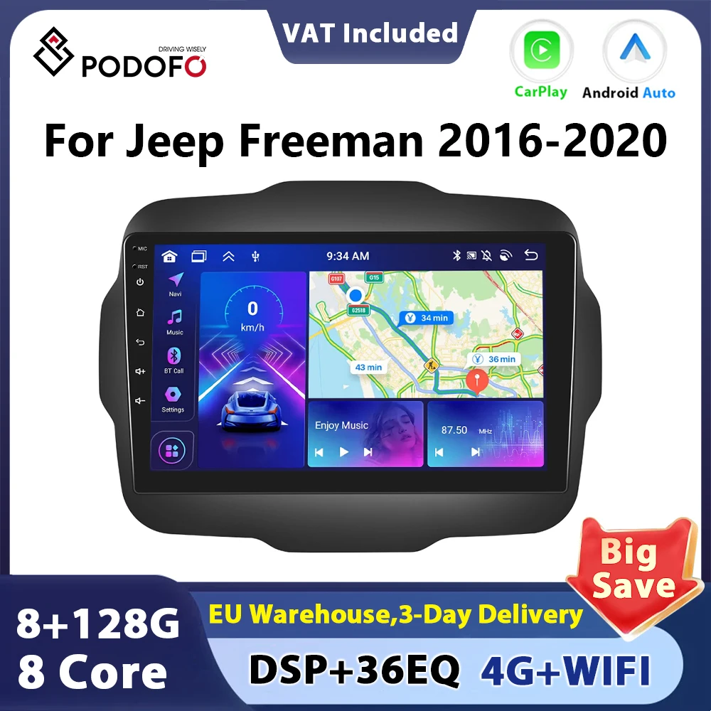 Podofo autoradio sans fil CarPlay Android Auto pour Jeep Renegade 2016 2017-2020 FM RDS GPS WiFi BT 2din autoradio pas de DVD