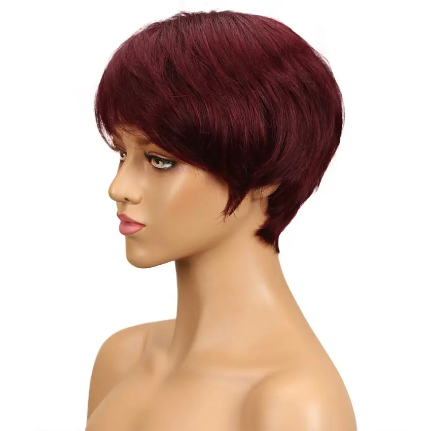 Short Red Wig Colored Human Hair Wigs Short Pixie Cut Wig Human Hair 99j Dark Red Human Hair Wigs with Bangs Full Machine Wigs