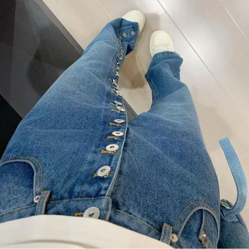 European and American Fashion Single-Breasted Wide-Leg Jeans Women's Autumn and Winter High Street Straight-Leg Pants