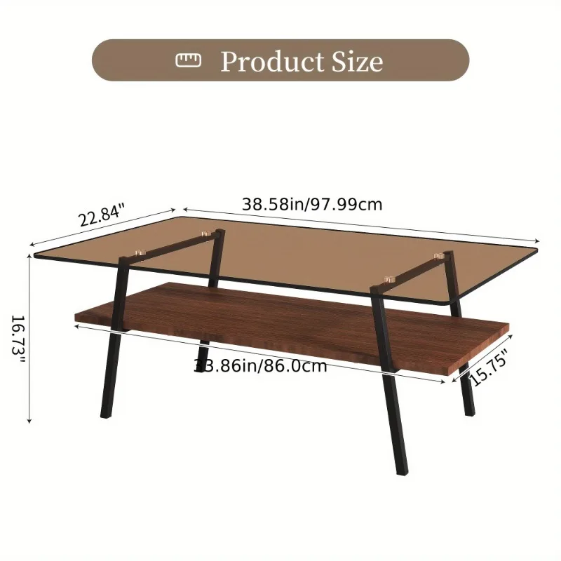 Mesa de centro de cristal moderna, mesa rectangular de vidrio templado para sala de estar, mesa central de 2 pisos con marco de metal