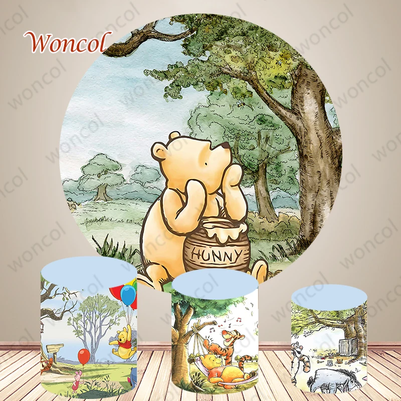 Winnie The Pooh Round Backdrop Baby Shower Backdrop Tigger Piglet Eeyore Pooh Cylinder Cover Child Birthday Party Decor Props