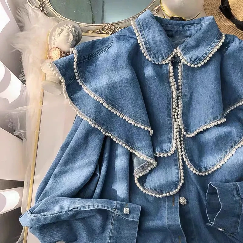 French Style Doll Collar Denim Blouses Women Vintage Loose Pearl Design Jean Shirts Spring Tops Long Sleeve Cute Blusas Mujer