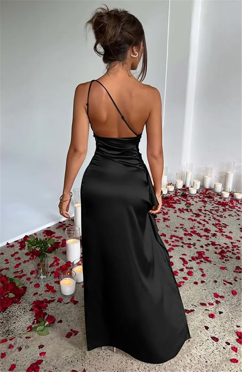 Robe longue en Satin pour femmes, asymétrique épaule dénudée, Sexy, sans manches, dos nu, fente haute, robes de soirée élégantes, robe de Cocktail, été