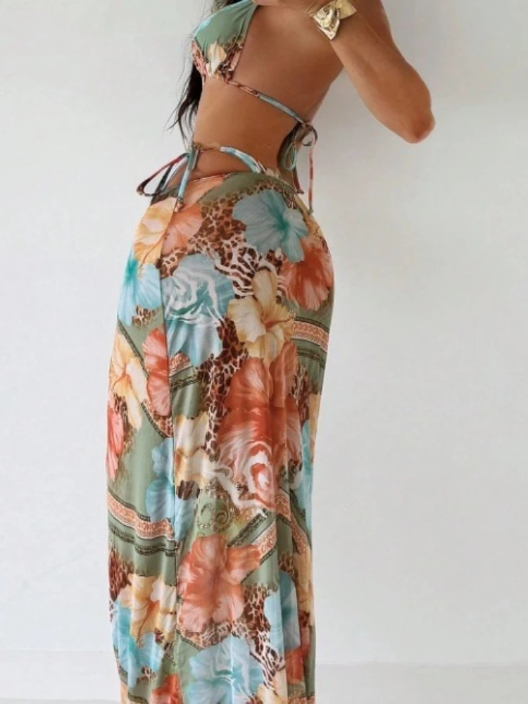 خمر الوردي الأزهار مجموعة البكيني المرأة مثير رفع ثونغ ملابس السباحة 2025 شاطئ ثوب السباحة 3 قطعة ملابس السباحة تنورة الصيف موضة