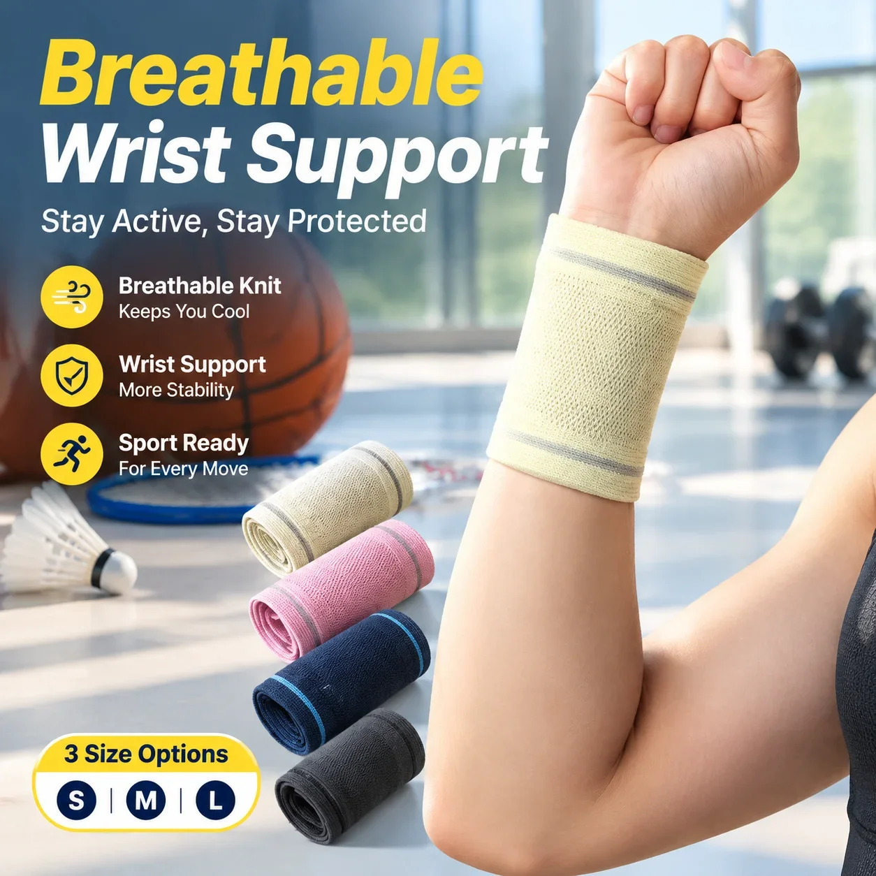 Breathable Knitted Sports Wristbands for Men Women, Sweatband Wrist Support for Basketball Tennis Badminton Gym, 3 Size Options