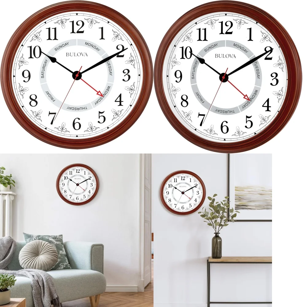

Modern Large Wall Clock Brown Cherry Finish Silent Non Ticking Easy to Install Home Decor Living Room Bedroom Office Indoor