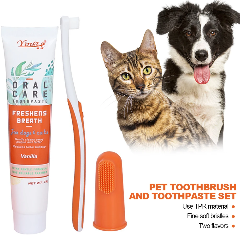 Beef Cat Toothbrush and Toothpaste Set for Teeth Cleaning Vanilla Toothpaste Finger Toothbrush Tongue Cleaning Pet Accessories