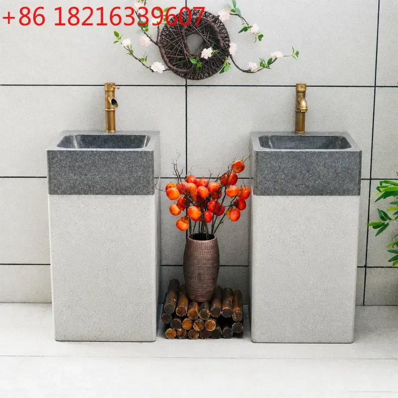 YAO Outdoor Marble Integrated Sink Column Basin Stone Washbasin for Villa Balcony Terrace Courtyard Carved Stone Pedestal Sink