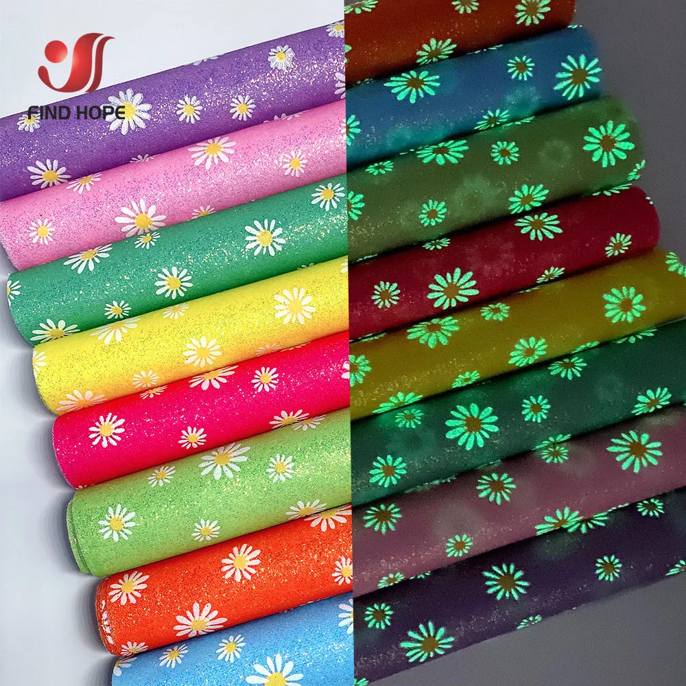 A4 20*30CM Glow in the Dark Daisy Flower Printed Fabric Fine Glitter Synthetic Leather Sheet Sparkle DIY Craft Hair Bow Supplies