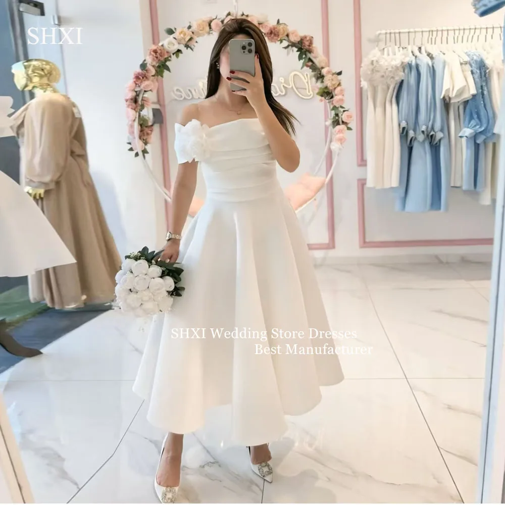 

SHXI Romantic Off Shoulder White A Line Mini Wedding Dress Shoulder Flower Chiffon Belted Waist Custom Party Bridal Gown 2025