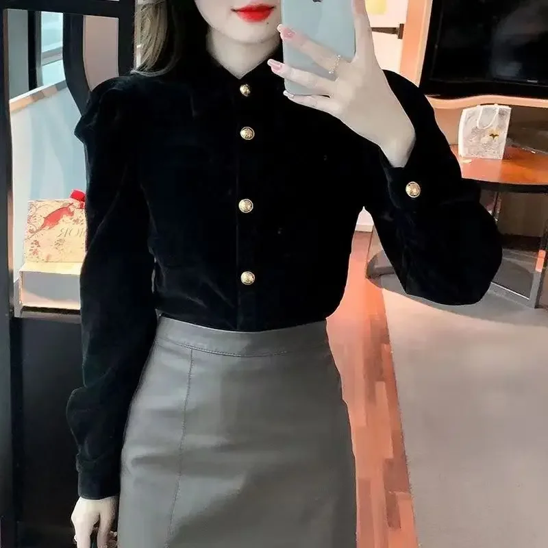 Office Lady Casual T Shirt New Fashion 2023 Black Vintage Chic Basic Solid Velvet Tops Puff Sleeve Sweet Stylish All-Match Loose