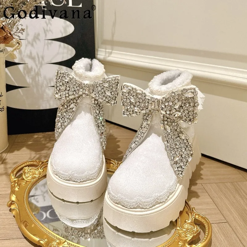 

White Thick Soled Height Increasing Snow Boots Female Lace Rhinestone Bowknot Bootie Women Warm Thickened Cotton Boots
