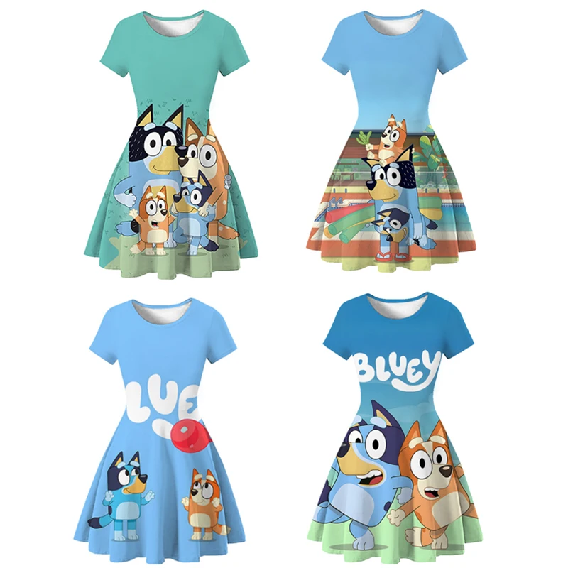 2024 New Bluey Family Summer 3d Printed Girls Cute Cartoon Princess Dress Anime Bingo Girls Short Sleeve Nightgown Gift