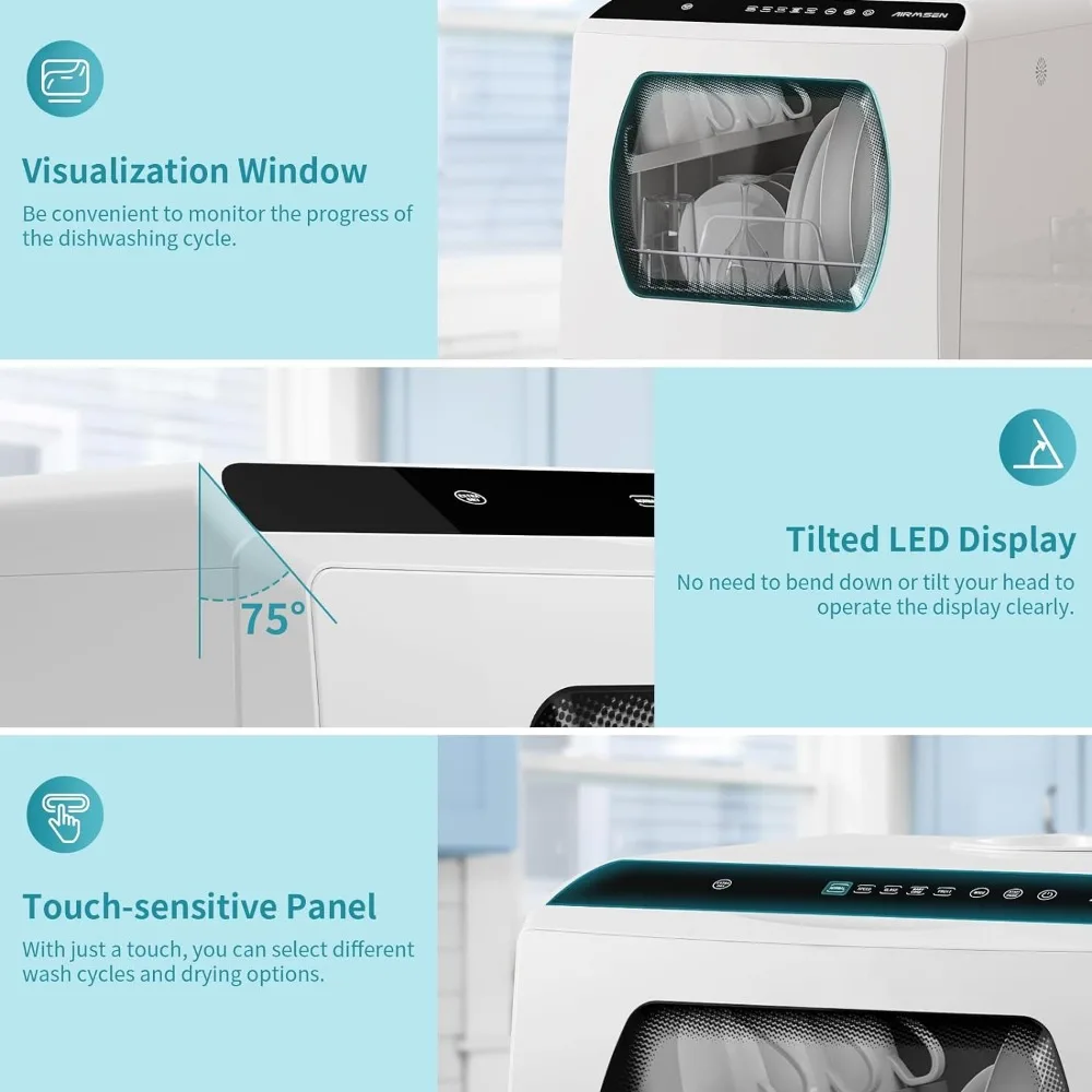 Tragbare Arbeits platten geschirrs püler, 5 Wasch programme Mini-Geschirrs püler mit 5 l eingebautem Wassertank und zwei schicht iger Glastür