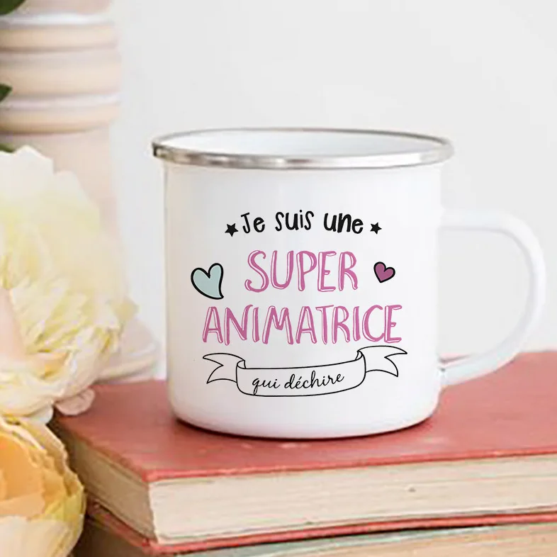 

Merci Super Animatrice French Print Mug Coffee Tea Cups Drinks Water Cup Enamel Mugs Camping Home Handle Drinkware Best Gifts