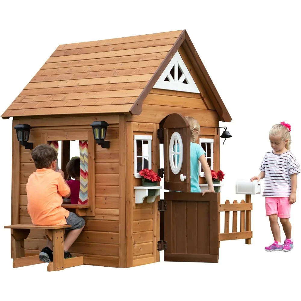 

Wooden game house, Dutch front door, flowerpot rack,stove, sink,plastic food, doorbell, mailbox, outdoor light with picnic stool