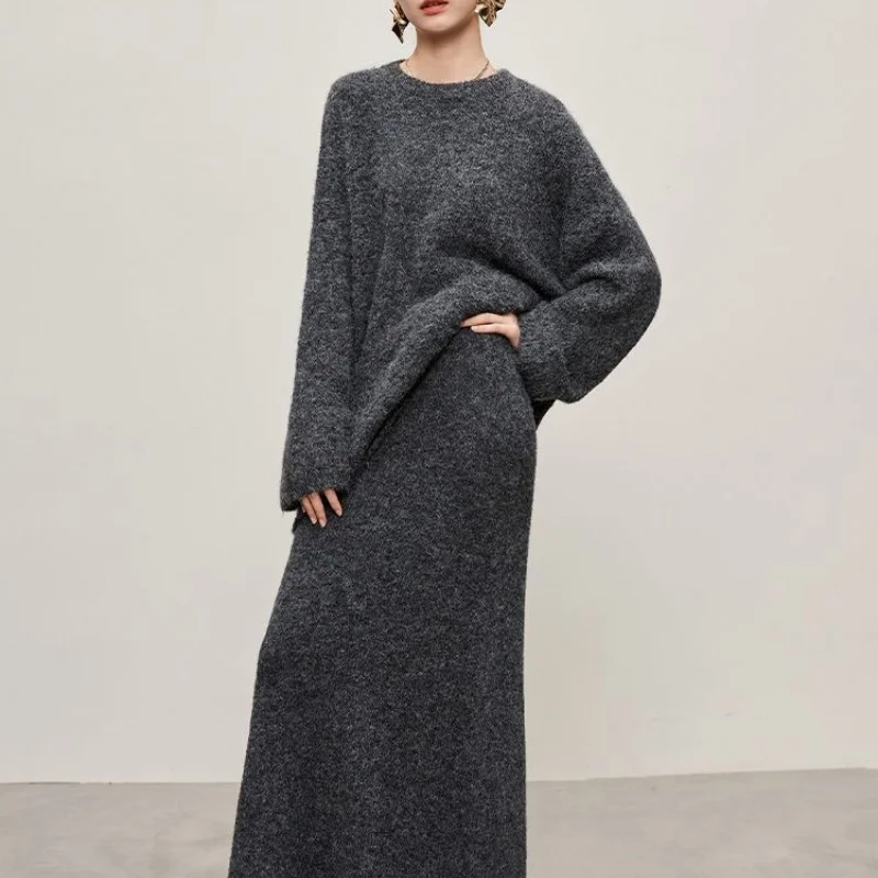 Korean Version Long Skirt Set, Loose And Lazy Style, Thick Knit Sweater Half Skirt, 2025 Winter Fashion, Relaxed Sweater Skirt