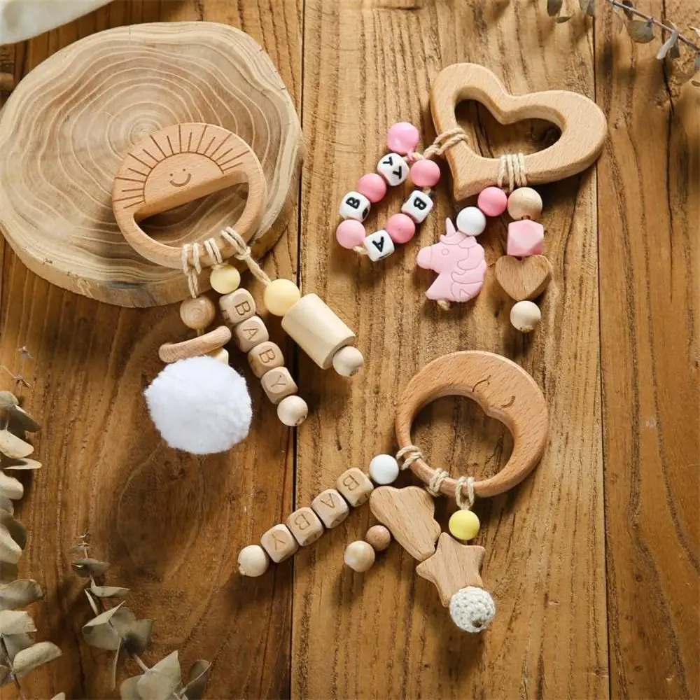 Anti-lost Wooden Baby Rattle Toy Handmade Adjustable Handbell Rattle Toy Montessori Silicone Wooden Rings Toy Baby