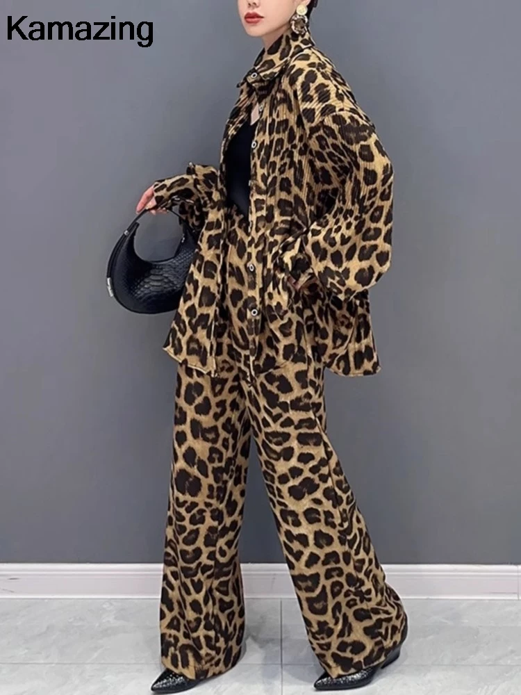 Vintage Leopard Print Women 2 Pieces Set Casual Loose Long Sleeve Shirts Wide Leg Pants Outfits Female Fashion Streetwear Autumn