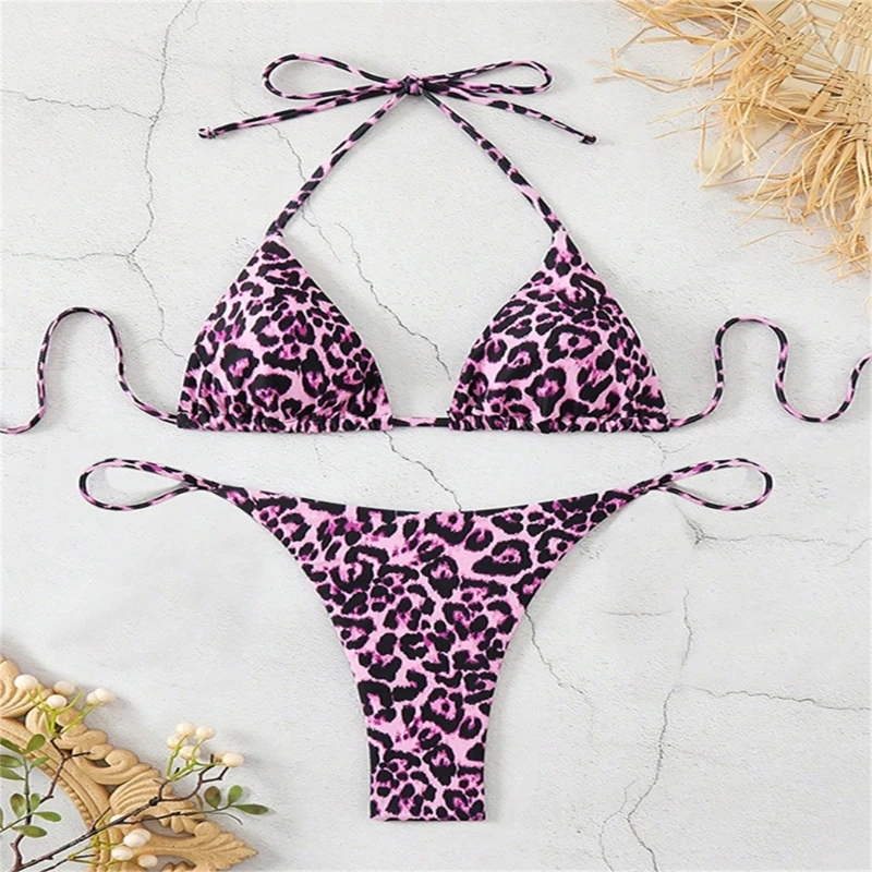 E8BF Leopard Print Triangle Swimsuit بما في ذلك ملخصات حمالة الصدر العليا ميزة النسيج الناعم