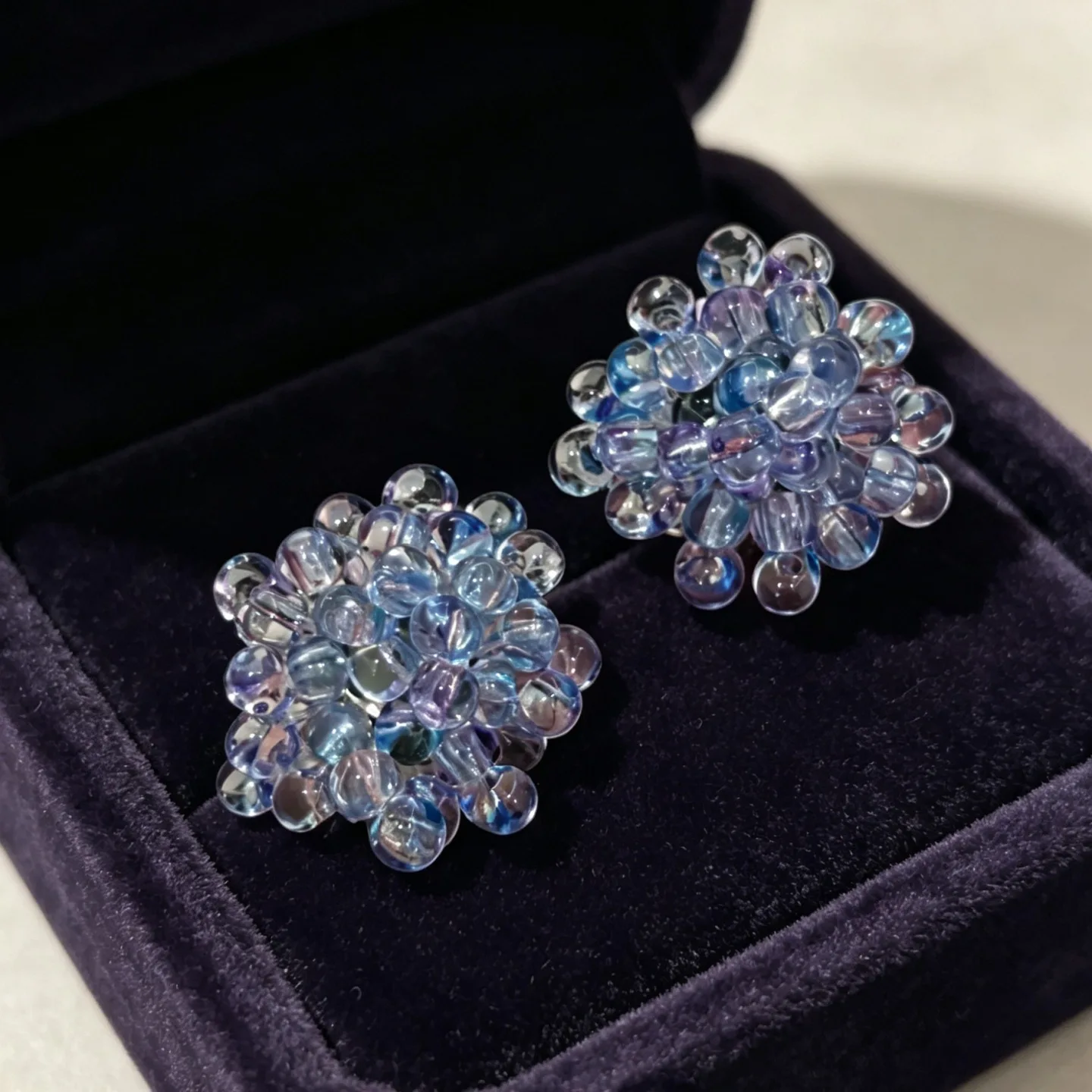 Summer crystal earrings clear blue-purple beaded earrings niche gentle atmosphere dream stud earrings women