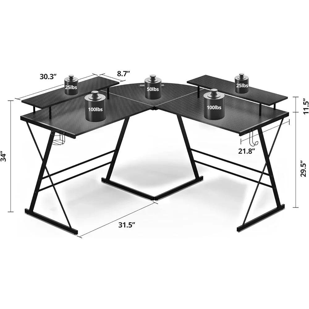 Meja bermain game, meja sudut komputer berbentuk L, meja Gaming ergonomis 53 "dengan dudukan Monitor, Meja PC dengan strip LED