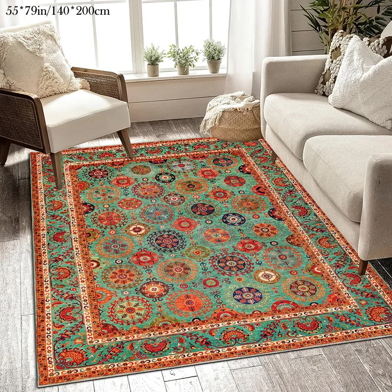 VIKAMA Vintage Oriental Floral Area Rug Green‑based Ethnic Mandala Pattern Multi‑size Optional Non‑slip Living‑room Decor Floor
