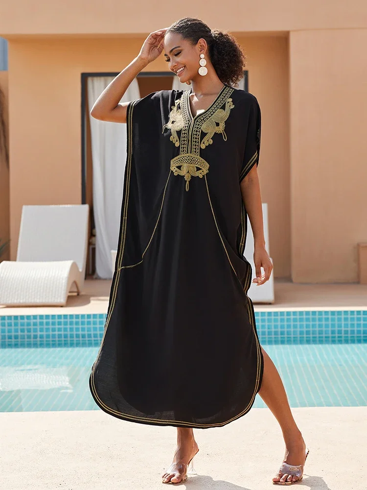 

Elegant Black Kaftan Dress Beach Cover up Gold Embroidered Loose Robe Beachwear 2024 Boho Dress Tunic For Beach Caftan Pareos