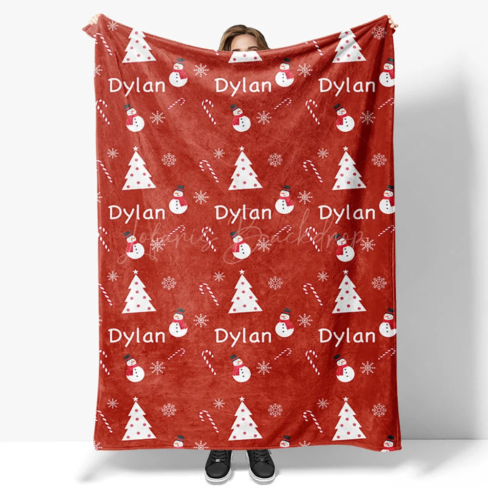 

Red Christmas White Tree Snowman Custom Name 50x60in Blanket, Personalized Gift for Holiday Decor