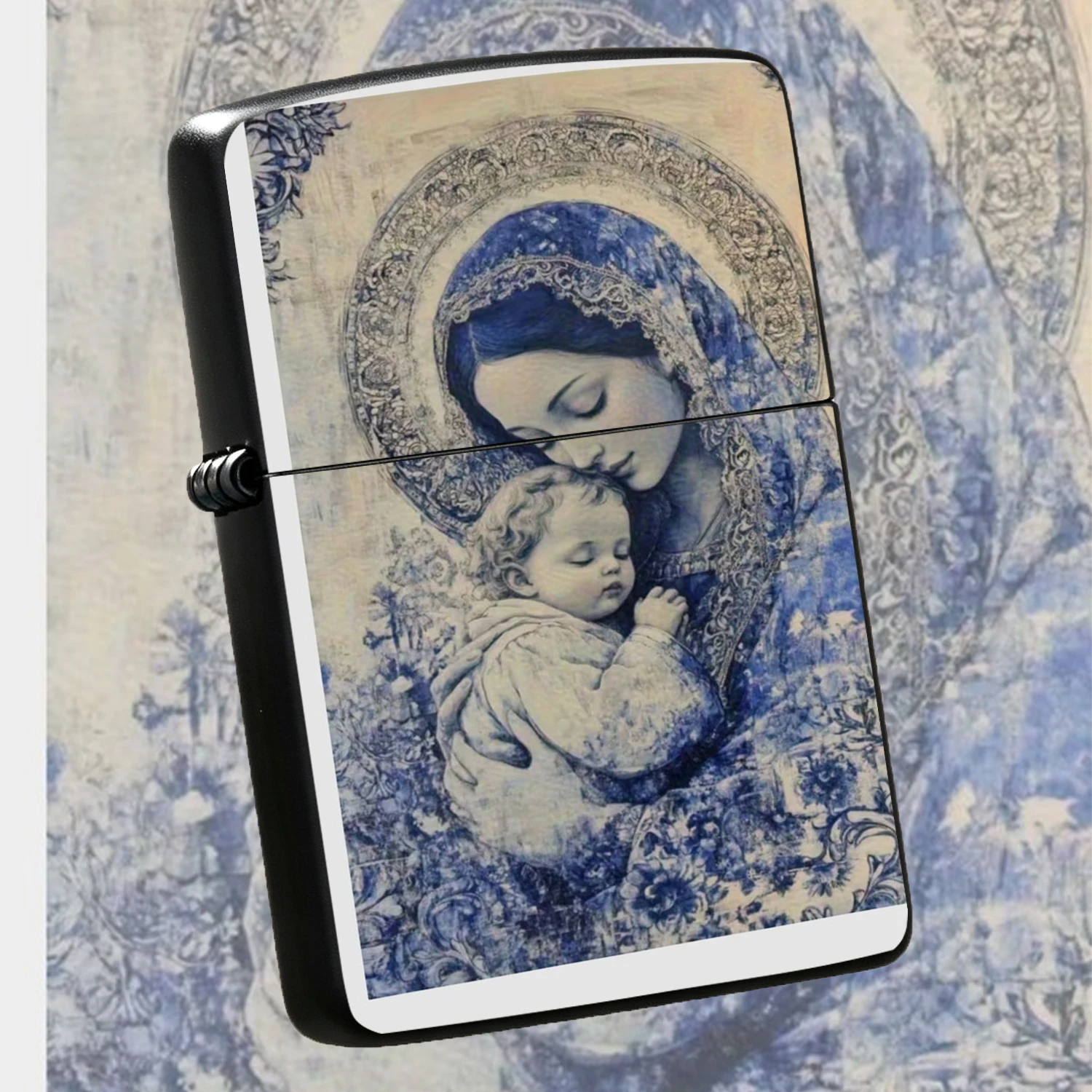Vintage Blue Delft Style Madonna And Child Windproof, Exquisite Art Textured Body, Collectible Religious Themed Portable, Ideal For Daily Use Gifting Desktop Display, Durable Retro Art Present For Devotees Art Lovers A Fun And Humorous Ligh