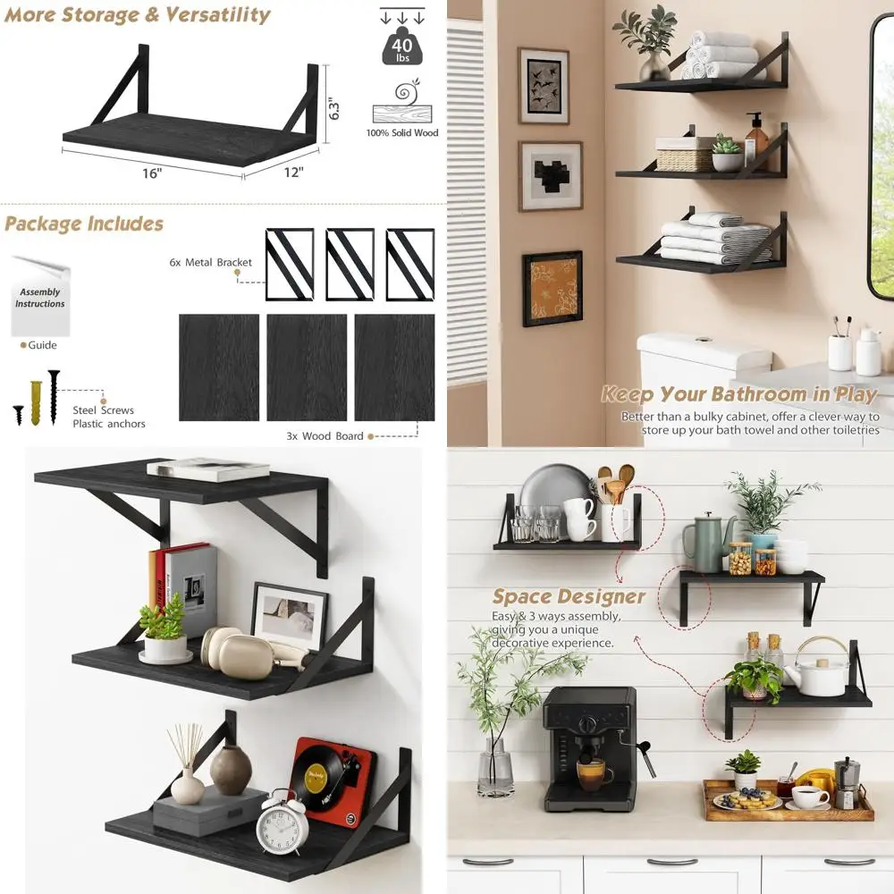 

Set of 3 Large 12 Deep Black Floating Wall Shelves for Home Office, Bedroom, and Kitchen Storage