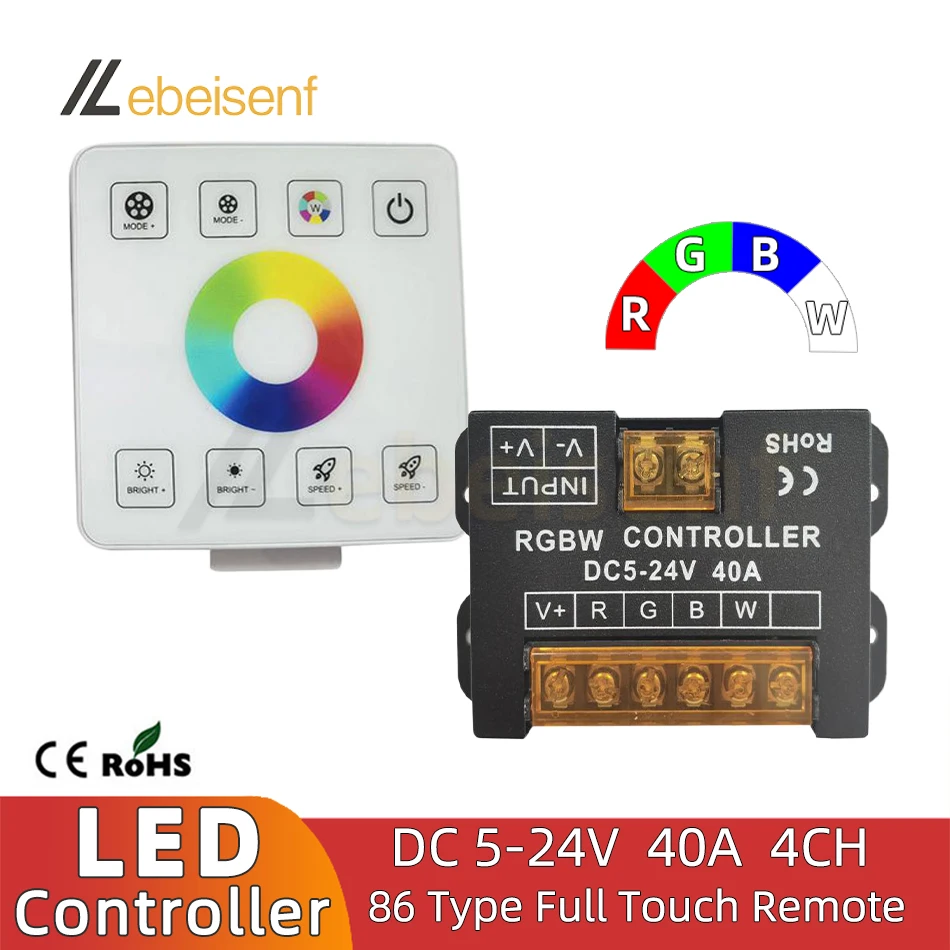 New RGB W LED Controller RF Wireless Full Touch 86 Panel Dimmer DC 5V 12V 24V 4 Channel 40A for Constant Voltage PWM Strip Light