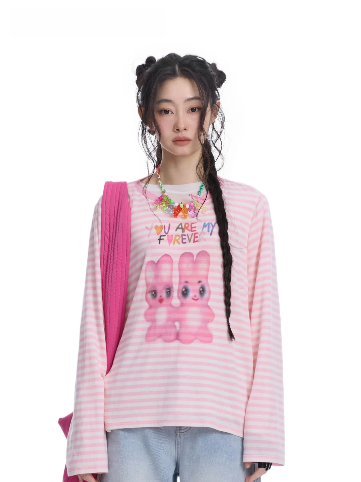 

MOF Girl Pink Striped Rabbit Print Long Sve round Ne T-irt Top Casual Sle Loose Fit Breathable Comfortable Women's Tee