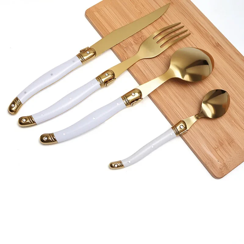 3Pcs Stainless Steel Steak Knives Forks Spoons Utensils Laguiole Luxury Silverware Gold Sharp Blade Wedding Dinnerware