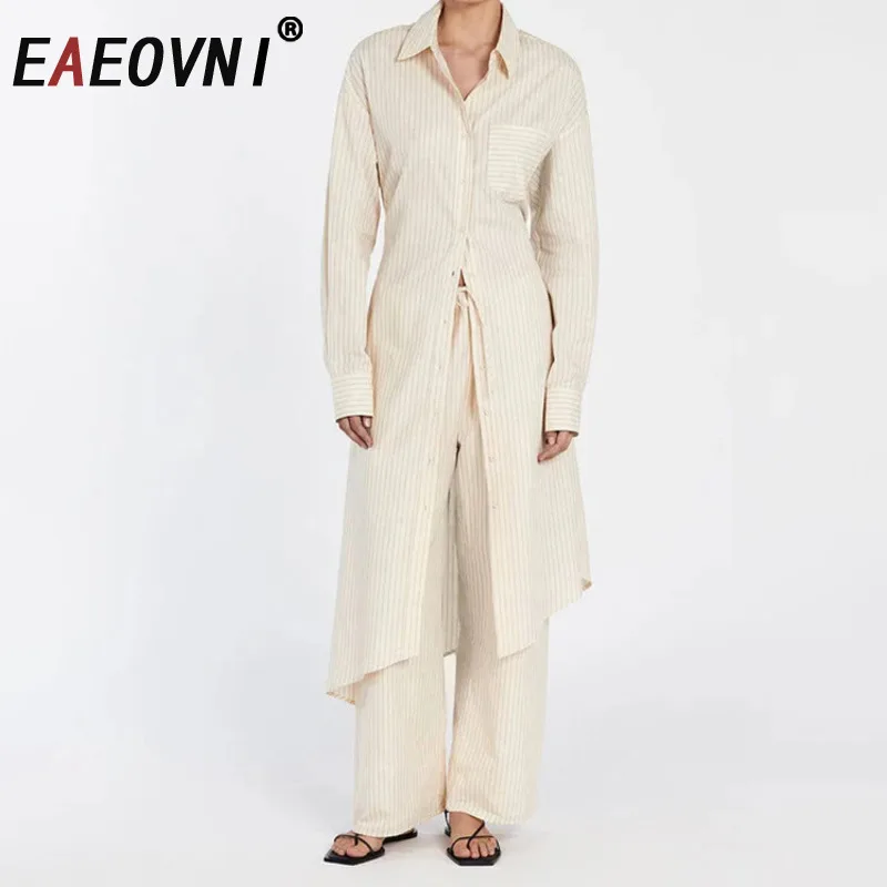 

EAEOVNI Striped Fashion Two Piece Set Women Lapel Button Long Shirt + High Waist Pants Casual 2025 New Clothing