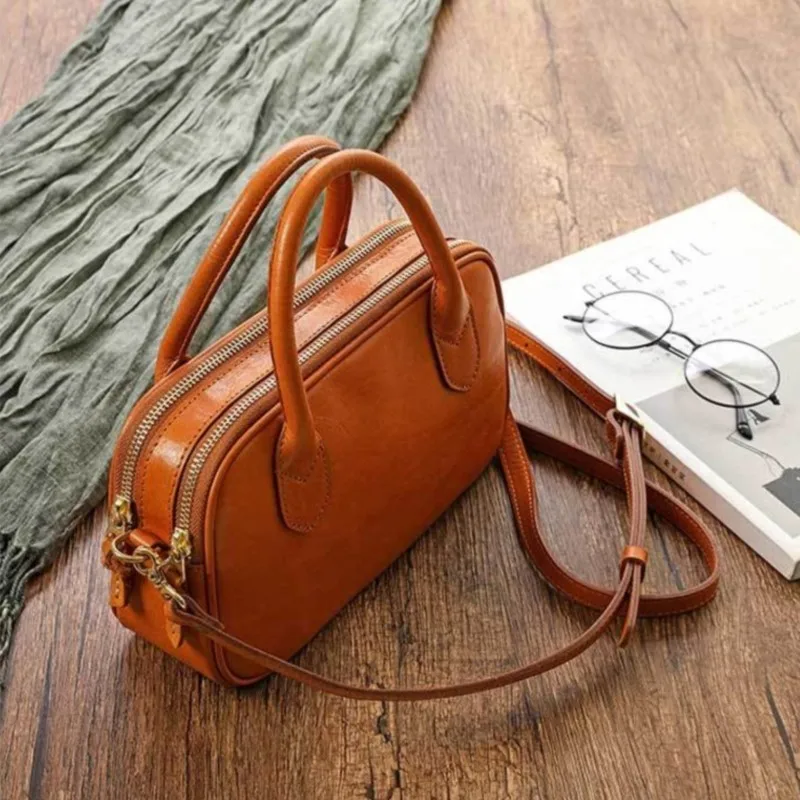 Johnature Simple Handbag Genuine Leather Women Bag 2024 New Natural Soft Real Cowhide Vintage Solid Color Shoulder Bags