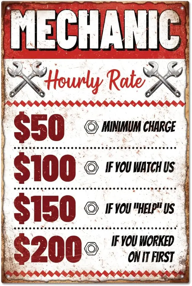 GLOBLELAND Mechanic Hourly Rate Tin Sign Mechanic Repair Garage Service Metal Tin Sign Vintage Metal Tin Sign 12×8inch Funny